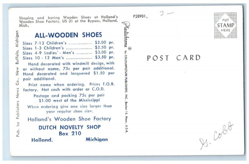 c1960 Holland's Wooden Shoe Factory Dutch Novelty Shop Holland Michigan Postcard