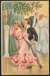 Men & Ladies Dancing at Fancy Event - All Silk Front Unused c1910s