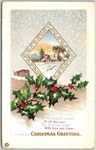 Christmas Greeting, 1917 Snowy House In Diamond Frame & Holly Leaves, Postcard
