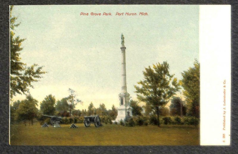 PINE GROVE PARK PORT HURON MICHIGAN CIVIL WAR MONUMENT POSTCARD (c. 1905)