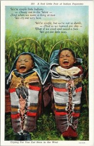 Two Papooses Native American Indian Children Crying Indigenous Postcard F95