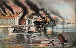 DESTRUCTION OF THE U.S.S. MERRIMAC  Steamer Ship Burning  ca1910's Postcard