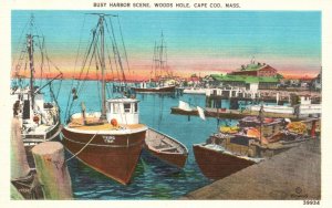 Vintage Postcard Busy Harbor Scene Woods Hole Ships Cape Cod Massachusetts MA