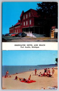 Port Austin Michigan~Edgewater Hotel~Bathing Beauty Beach~1950s Cars Postcard