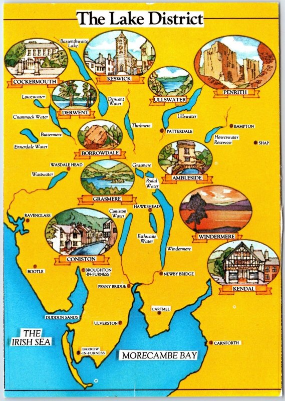 VINTAGE CONTINENTAL SIZED POSTCARD ANIMATED PICTORIAL MAP LAKE DISTRICT ENGLAND 