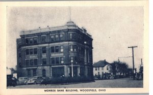 VINTAGE POSTCARD MONROE BANK BUILDING WOODSFIELD OHIO OLD CARS c. 1930