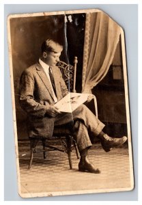 Vintage 1910's RPPC Postcard - Studio Portrait Victorian Man Reading Magazine