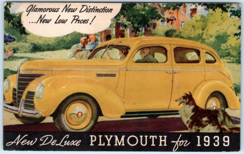 Auto~Car Advertising 1939  NEW DELUXE PLYMOUTH  Yellow with Collie? Postcard