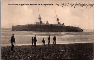 Gestrande Engelse Kruiser te Camperduin Battleship Ship Vintage Postcard C070