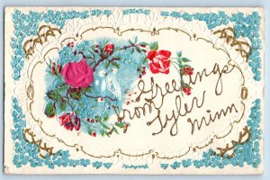 Tyler Minnesota MN Postcard Greetings Flowers Glitter Birds Embossed 1908 Posted