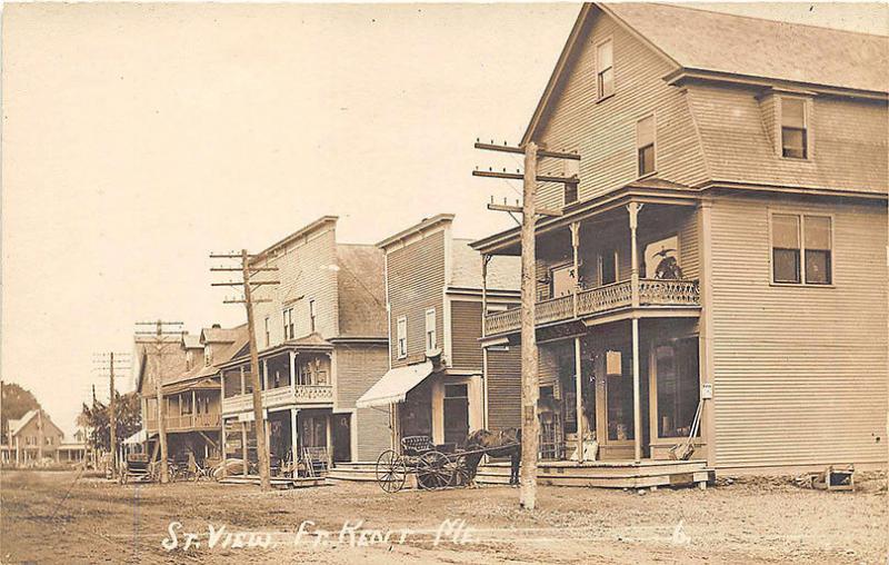 Fort Kent ME Dirt Street Store Fronts Horse & Wagons Real Photo Postcard