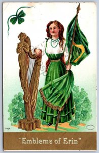 K50/ St Patricks Day Love Holiday Postcard c1910 Harp Woman Flag 62