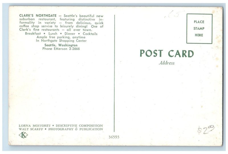 Seattle Washington WA Postcard Clark's Northgate Restaurant Exterior c1960's