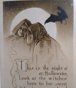 Halloween Postcard Kathryn Elliott Gibson Gothic Caped Men Moon Bat Sepia 1911