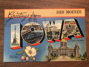 Vintage 40s GREETINGS from Des Moines IOWA Large Letters Postcard