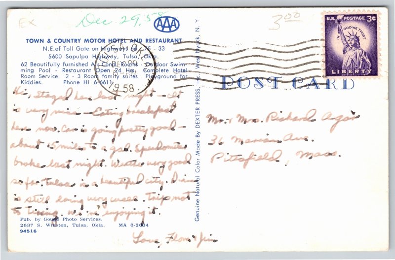 Tulsa OK~Town & Country Motor Hotel & Restaurant~3 Views~Pool~1958 Postcard