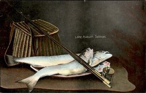 Auburn Maine Lake Auburn Salmon Fishing Rod Basket Vintage Postcard