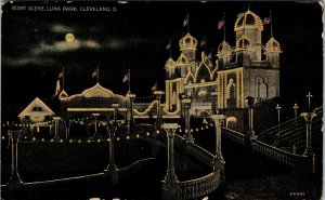 1912 Luna Park Night Scene Cleveland Ohio Amusement Park  Vintage Postcard 