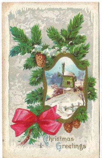 Pine Tree Pine Cone Red Bow Winter Wonderland Winter Scene Windmill Vintage