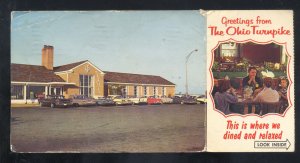 GREETINGS FROM THE OHIO TURNPIKE 1960's CARSPOSTCARD HOWARD JOHNSON RESTAURANT