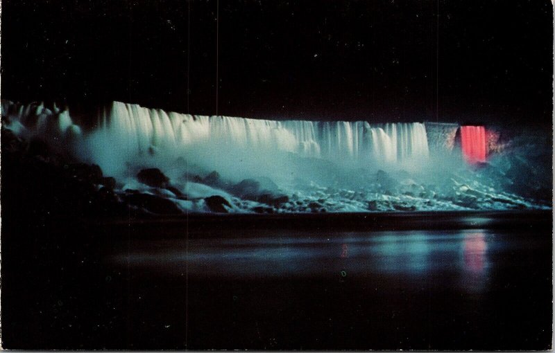 Niagra Falls New York Scenic Nighttime Illuminated Landmark Chrome Postcard 