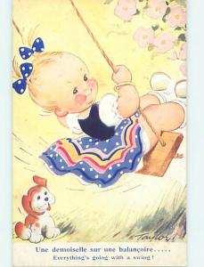 Pre-Linen foreign signed DOG WATCHES CUTE EUROPEAN GIRL ON SWING J4949