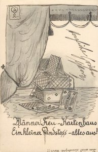 Drawn house of cards Austria 1900s undivided back postcard Heller franking stamp