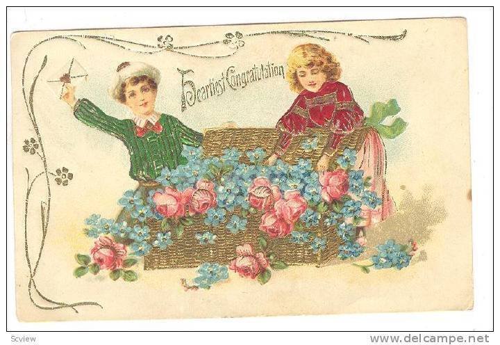 Heartiest Congratulation, Boy and girl putting flowers in wicker trunk, 10-20s