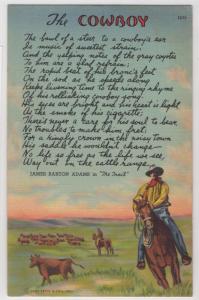 The Cowboy Poem By James Adams Steer Rancher Horseback Curteich Linen Postcard