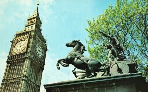 Vintage Postcard Big Ben and Queen Boadicea Statue, London United Kingdom UK