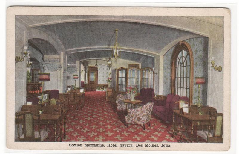 Mezzanine Interior Hotel Savery Des Moines Iowa 1920c postcard