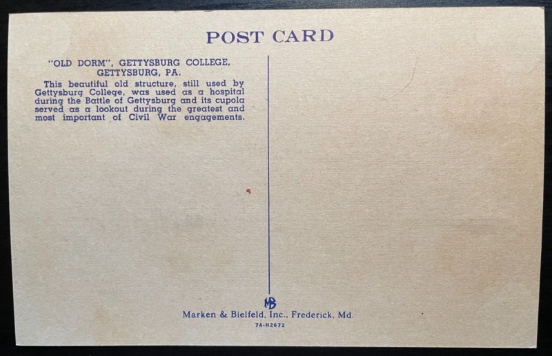 Vintage Postcard 1937 Old Dorm, Gettysburg College, Gettysburg, PA