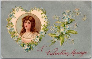 1908 A Valentine Message Forget-Me-Nots Flowers Woman Portrait Posted Postcard