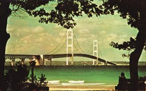 Michigan, 1968 Mackinac Bridge Indian Summer  Water Wonderland, Vintage Postcard