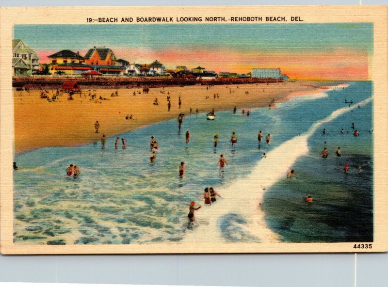 Vtg 1930s Beach & Boardwalk Looking North Rehoboth Beach Delaware DE Postcard