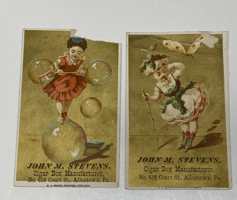 Victorian Trade Card John M Stevens Cigar Box Manufacturer Allentown PA Lot of 2