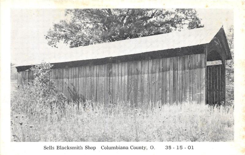 Ohio Postcard c1940s COLUMBIANA COUNTY Sells Blacksmith Shop COVERED BRIDGE