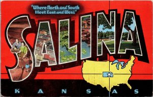 VINTAGE POSTCARD MULTIPLE VIEWS SALINA KANSAS WHERE NORTH/SOUTH MEET EAST/WEST