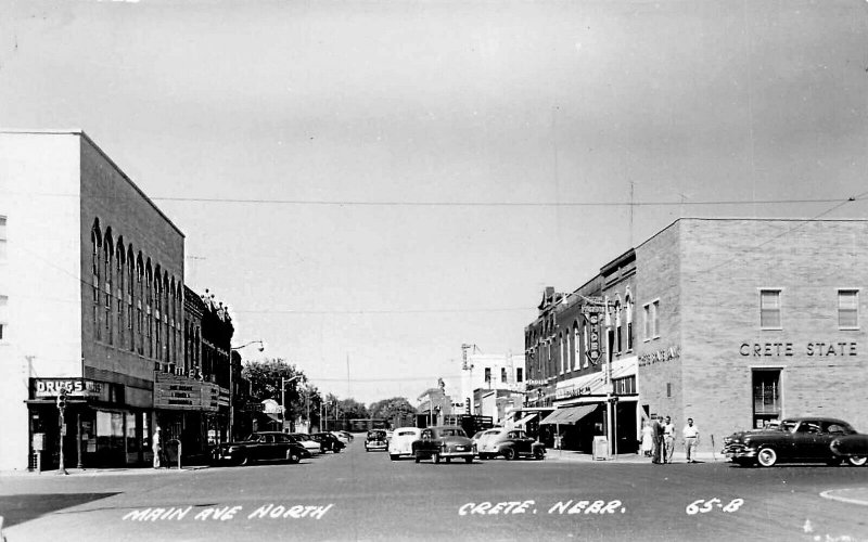 Crete NE Main Avenue Storefronts Old Cars Movie Theatre Real Photo Postcard