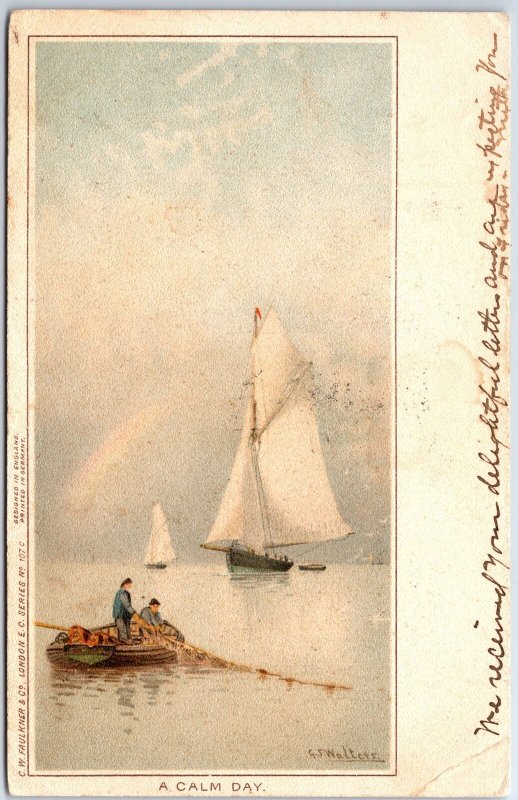 VINTAGE POSTCARD A CALM DAY SAIL BOATS & FISHERMEN PRINTED IN GERMANY [crease]
