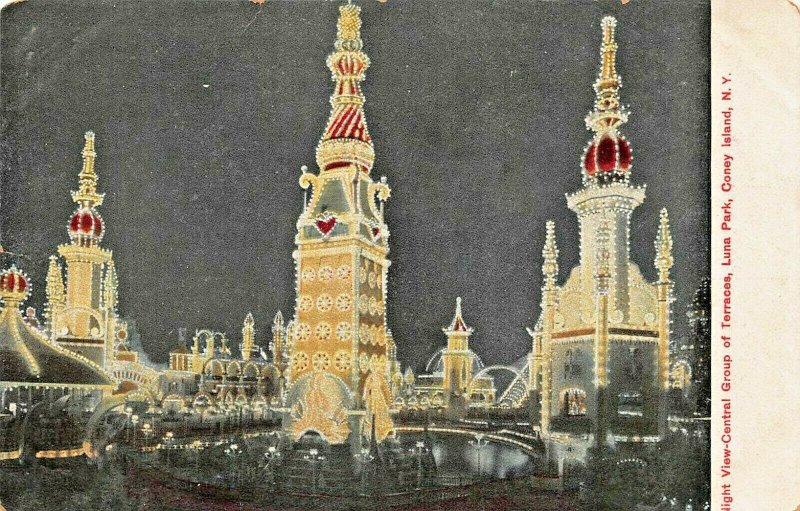 CONEY ISLAND NY~LUNA PARK NIGHT VIEW-CENTRAL GROUP OF TERRACES 1900s POSTCARD