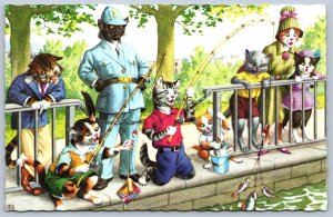 K48/ Mainzer Dressed Cat Cats Hartung c50s Postcard Comic L.I. Cop Fishing 232