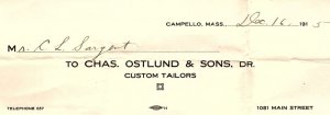 1915 CAMPELLO MASS CHAS. OSTLUND & SONS DR CUSTOM TAILORS BILLHEAD INVOICE Z1086