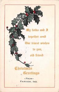 Indiana In Postcard 1916 FAIRVIEW Christmas Greetings Holly