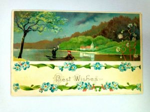 Best Wishes Greetings Man & Woman on Lake Scene Embossed 1908 Vintage Postcard