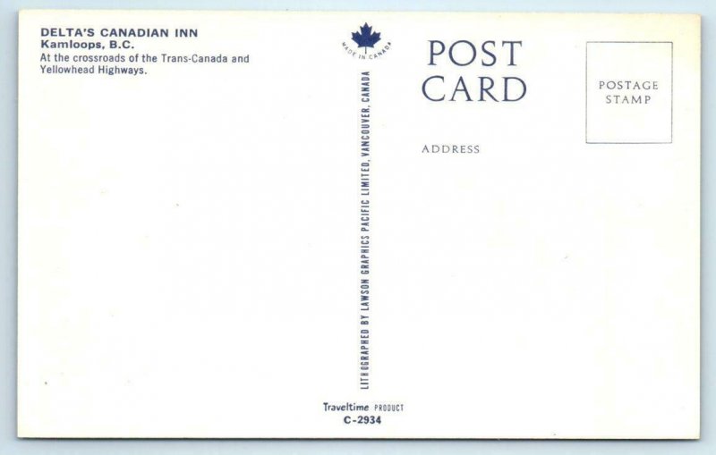 KAMLOOPS, B.C. Canada ~ Roadside DELTA'S CANADIAN INN c1960s Cars  Postcard