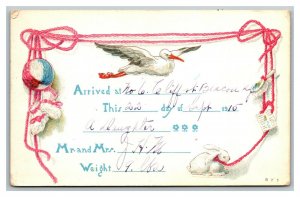 Vintage 1915 Birth Announcement Postcard White Stork Bunny Pink Bow