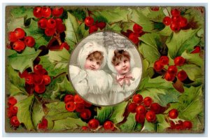 1907 Christmas Cute Little Girls Handwarmer Berries Cooperstown NY Postcard