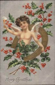 Christmas - Angel Chil Champagne & Horseshoe Border c1910 Postcard