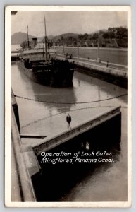RPPC Panama Canal Operation of Lock Gate Miraflores Herman F Whiton Postcard F28